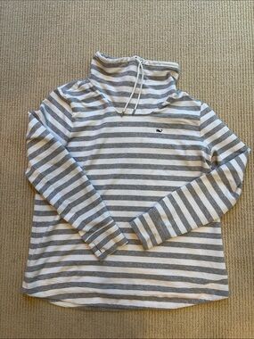 Vineyard Vines Gray and White Striped Funnel Neck Pullover